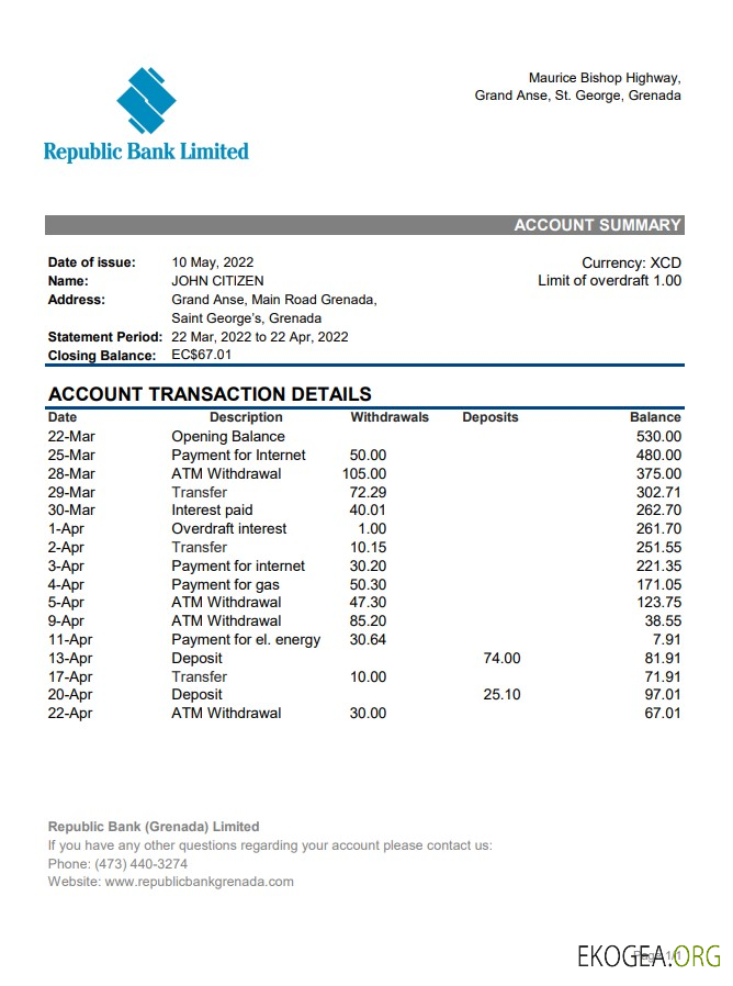 Relevé bancaire de la République de Grenade